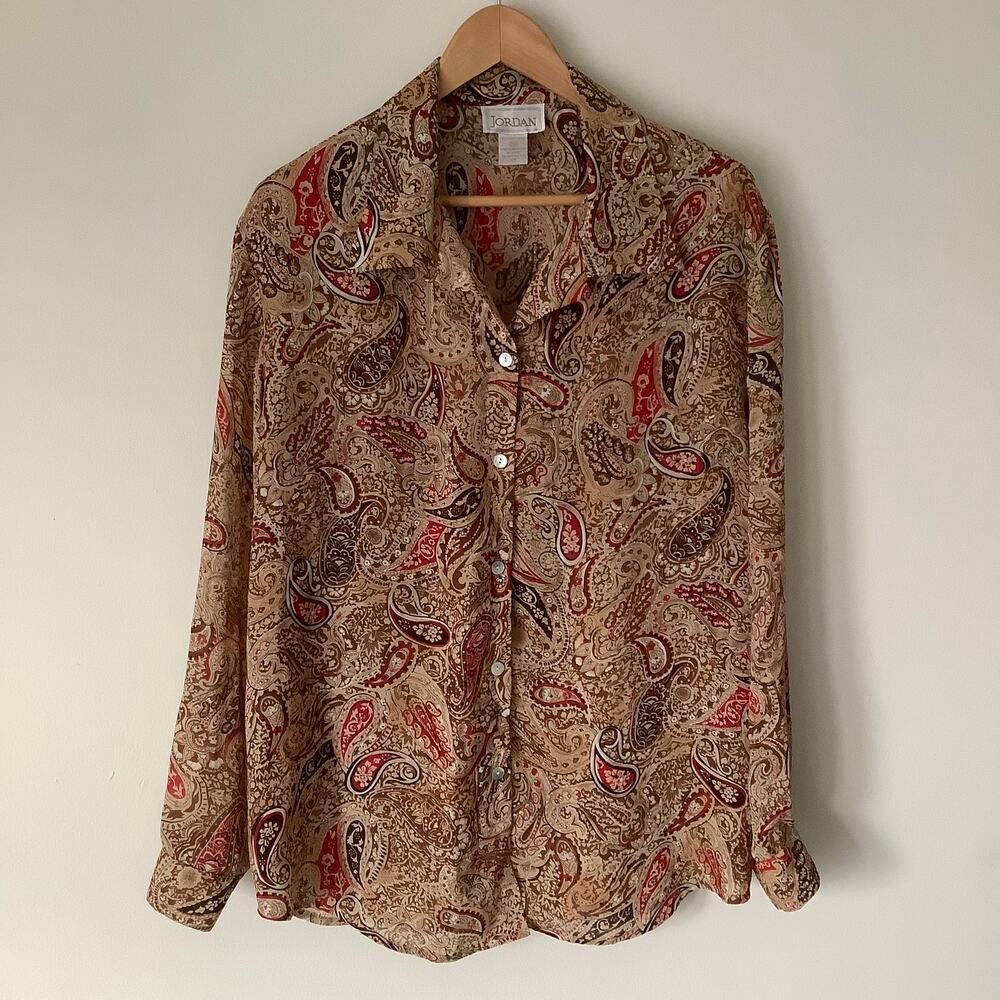 Jordan Womens Paisley Polyester Sheer Long Sleeve Collared Button Blouse Size XL